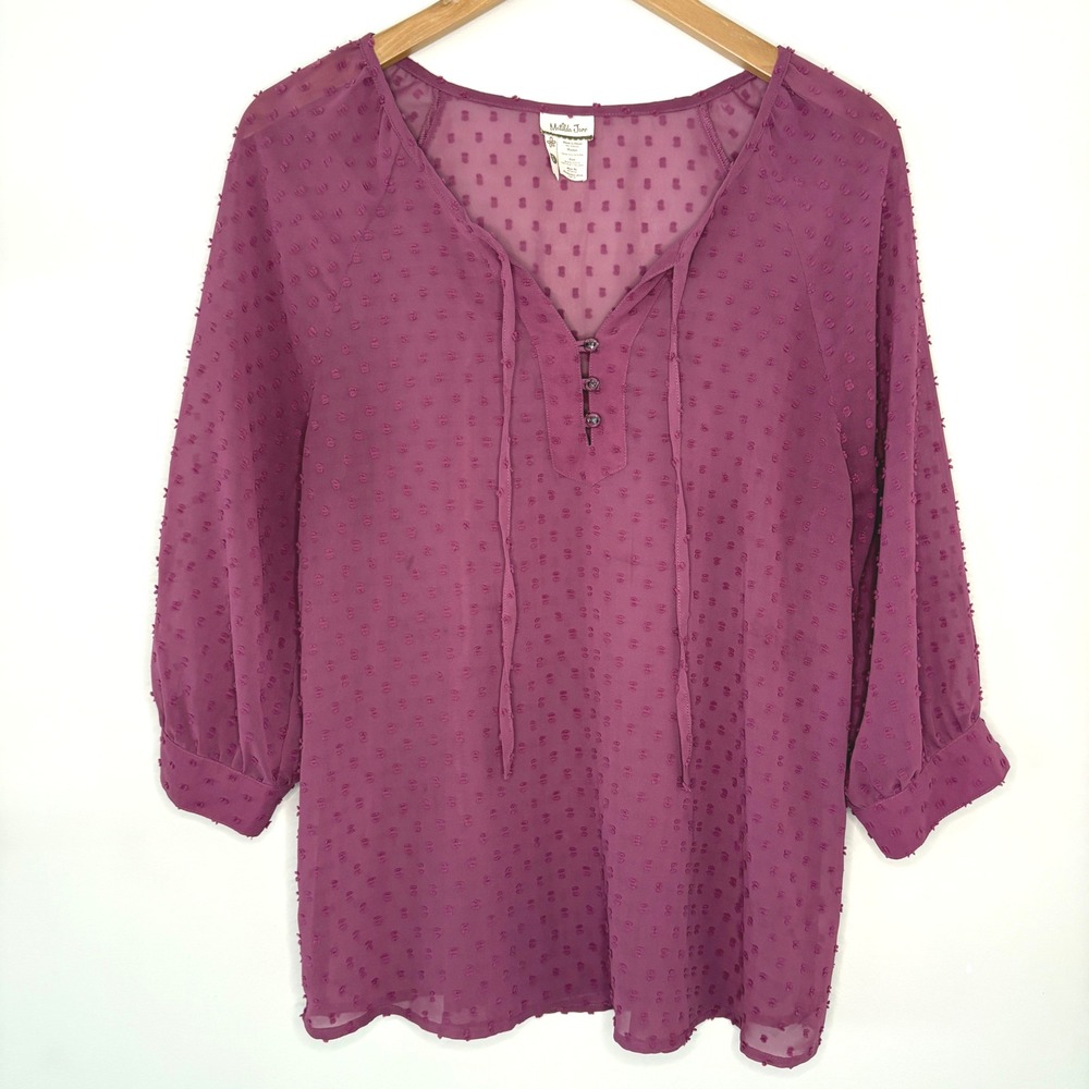 Matilda Jane Women's Blouse Top Size S Purple Sheer‎ 3/4 Sleeve Tie Neck